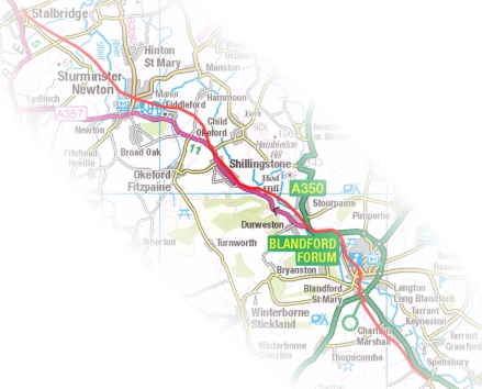 The North Dorset Trailway with Stourpaine highlighted